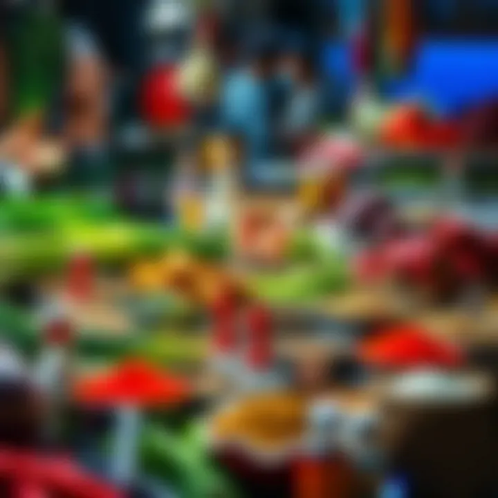 Vibrant market scene featuring fresh ingredients and spices