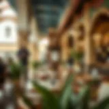 A panoramic view of a bustling café in Dubai showcasing its unique architecture and ambiance