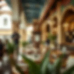 A panoramic view of a bustling café in Dubai showcasing its unique architecture and ambiance