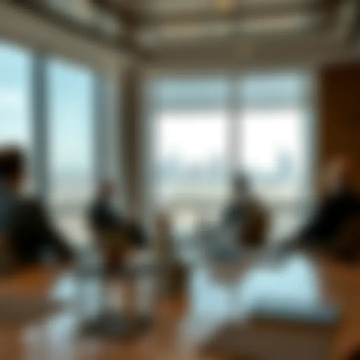 A business meeting taking place in a conference room overlooking the Jebel Ali area.