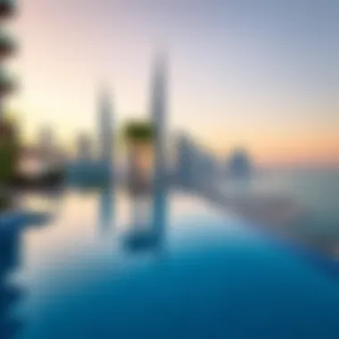 Skyline View from Private Pool Stunning view of a Dubai skyline from a private hotel pool