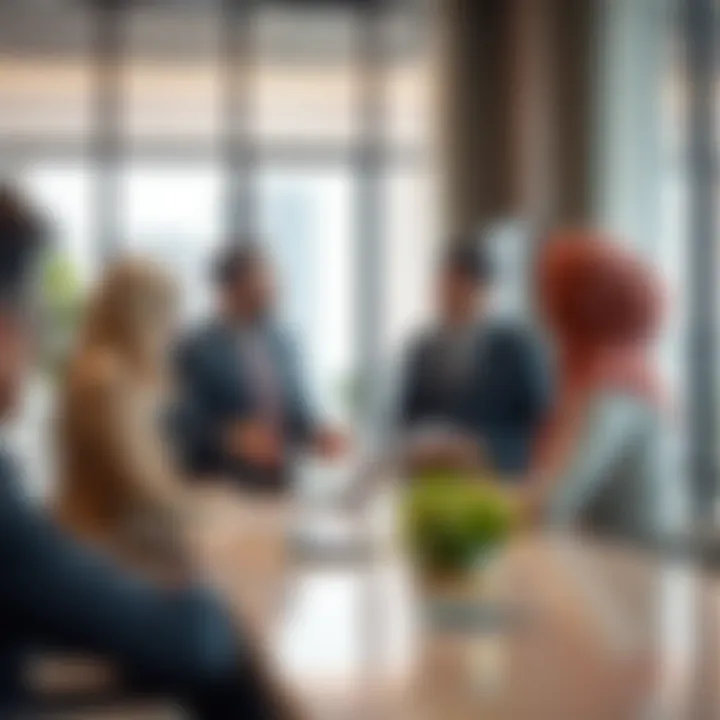 A real estate agent discussing investment opportunities with clients in a modern office setting.